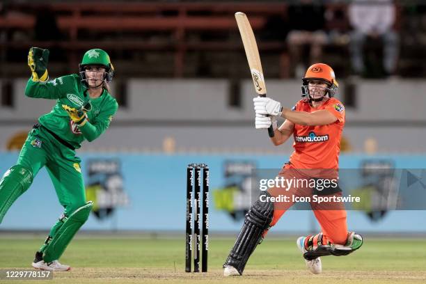 Nicole Bolton of the Perth Scorchers hits four runs during the Women's Big Bash League semi final cricket match between Melbourne Stars and Perth...