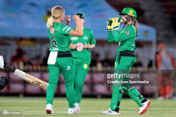 Sophie Day of the Melbourne Stars celebrates taking a wicket during the Women's Big Bash League semi final cricket match between Melbourne Stars and...