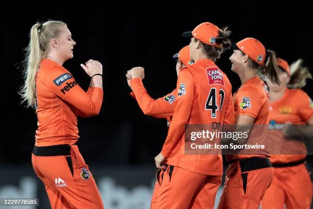 Sarah Glenn of the Perth Scorchers celebrates taking the wicket of Elyse Villani of the Melbourne Stars during the Women's Big Bash League semi final...