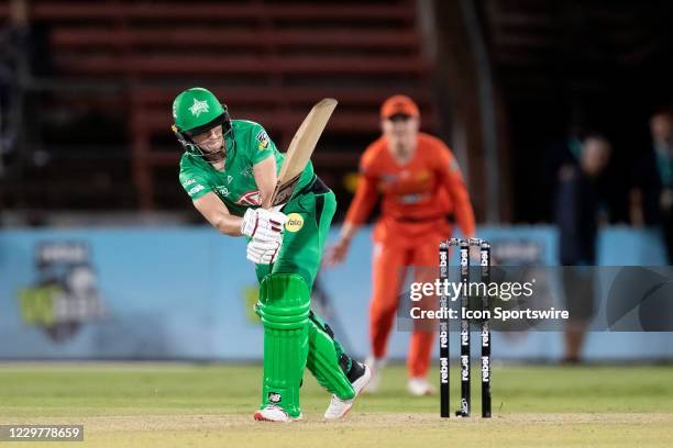 Meg Lanning of the Melbourne Stars plays a shot during the Women's Big Bash League semi final cricket match between Melbourne Stars and Perth...