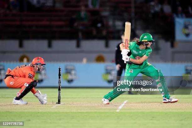 Annabel Sutherland of the Melbourne Stars plays a shot during the Women's Big Bash League semi final cricket match between Melbourne Stars and Perth...