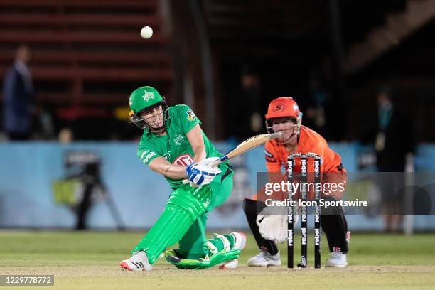 Nat Sciver of the Melbourne Stars plays a shot during the Women's Big Bash League semi final cricket match between Melbourne Stars and Perth...