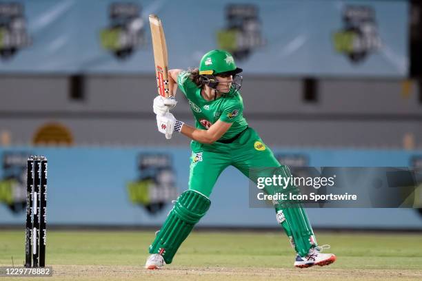 Annabel Sutherland of the Melbourne Stars plays a shot during the Women's Big Bash League semi final cricket match between Melbourne Stars and Perth...