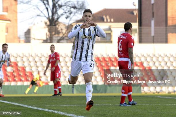 Giacomo Vrioni of Juventus celebrates after scoring a goal during the Serie C match between Juventus U23 and Grosseto at Stadio Giuseppe Moccagatta...