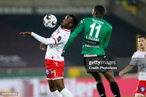 Fabrice Olinga forward of Mouscron and Anthony Musaba forward of Cercle Brugge during the Jupiler Pro League match between Cercle Brugge and Excel...