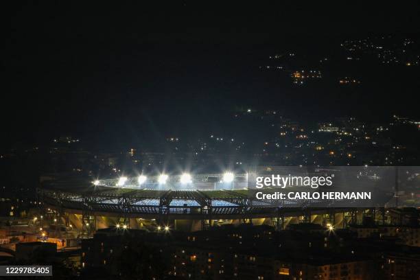 General view shows the San Paolo stadium in Naples on November 25, 2020 after the annoucement's of Argentinian football legend Diego Maradona's...