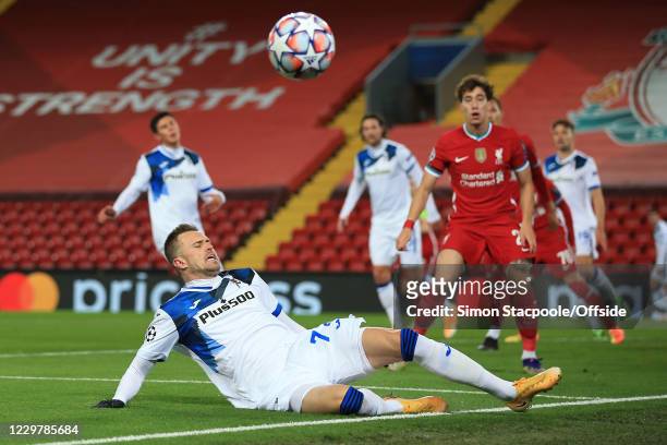 Josip Ilicic of Atalanta fails to connect with the ball during the UEFA Champions League Group D stage match between Liverpool FC and Atalanta BC at...