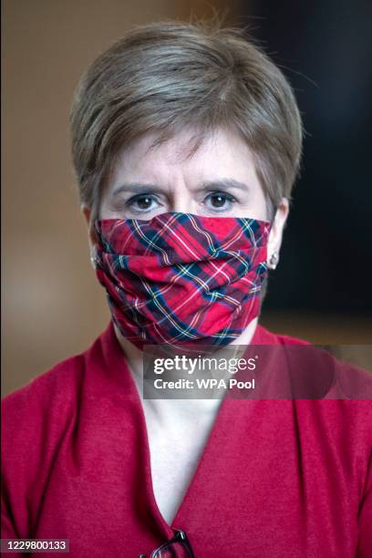 First Minister Nicola Sturgeon attends Covid-19 social distancing First Minister's Questions at the Scottish Parliament Holyrood on November 26, 2020...