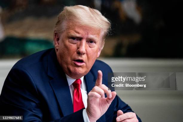 President Donald Trump speaks during a videoconference with members of military in the Diplomatic Room of the White House in Washington, D.C., U.S.,...