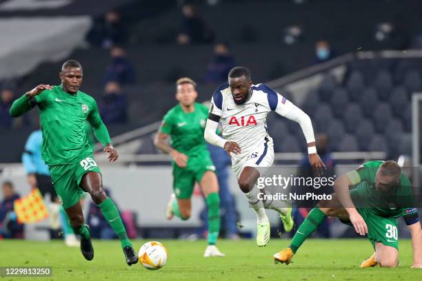 Tottenham midfielder Tanguy Ndombele breaks free of Ludogorets defender Cosmin Moti during the UEFA Europa League Group J match between Tottenham...