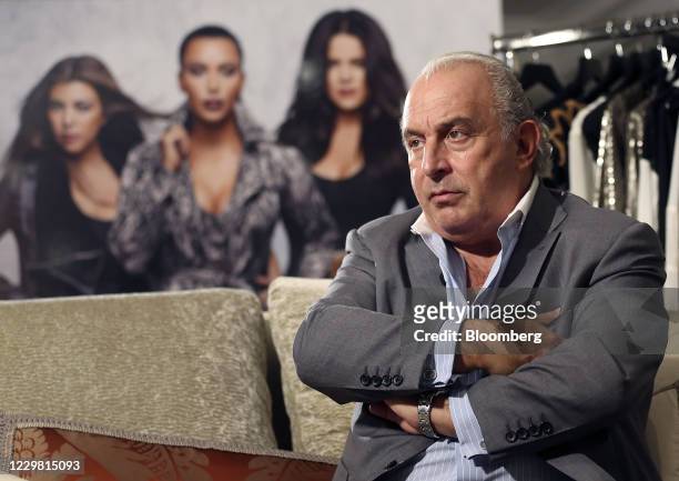 Philip Green, the billionaire owner of fashion retailer Arcadia Group Ltd., pauses during a Bloomberg Television interview inside the Topshop store...