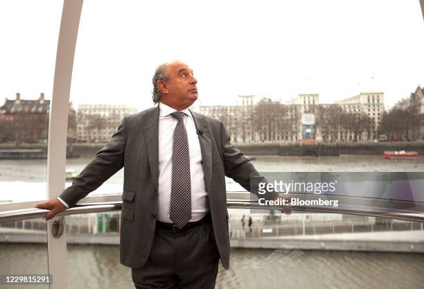 Philip Green, the billionaire owner of Arcadia Group Ltd., pauses during a Bloomberg Television interview on the EDF Energy London Eye, in London,...