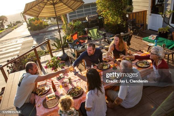 Aaron Liggett, left, makes a toast as Thanksgiving dinner is served, spending it with, clockwise from Aaron, brother Austin and his wife Nina,...