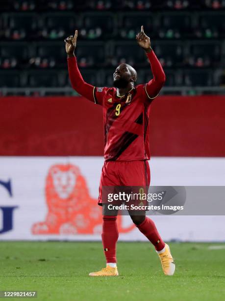 Romelu Lukaku of Belgium celebrates during the UEFA Nations league match between Belgium v Denmark at the King Baudouin Stadium on November 18, 2020...
