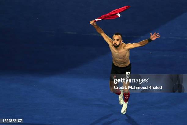 Mohamed Magdy of Al Ahly celebrates a goal during CAF Champions League Final between Zamalek and Al Ahly at Cairo stadium on November 27, 2020 in...