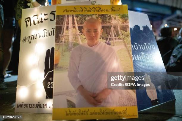 Portrait of former Princess Srirasmi Suwadee seen during an anti-government demonstration in the Thai capital. Thousands of pro-democracy protesters...