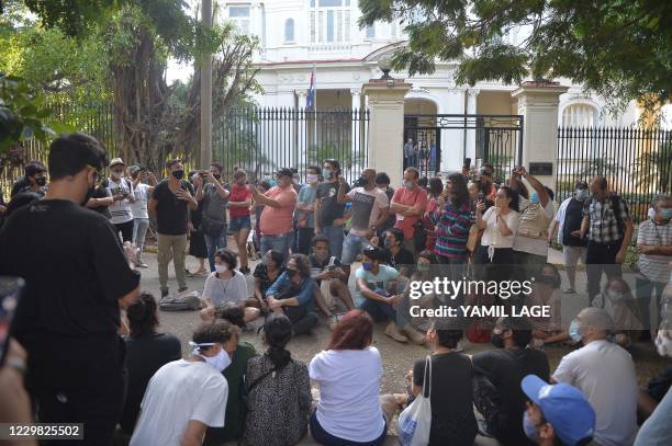 Group of young intellectuals and artists demonstrate at the doors of the Ministry of Culture during a protest in Havana, on November 27, 2020. Some...