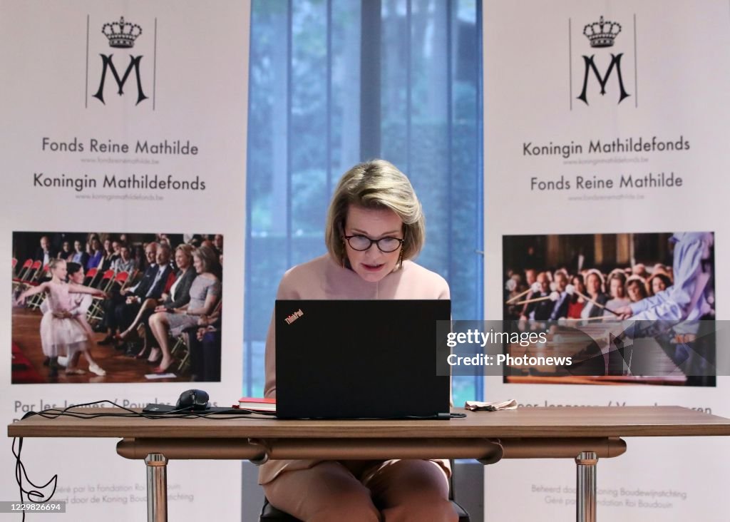 Belgium's Queen Mathilde talks to journalists during a virtual interview on the occasion of the 20th anniversary of Queen Mathilde Foundation, in Brussels