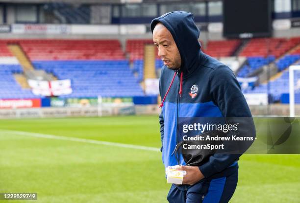 Bolton Wanderers' Alex John-Baptiste arriving at the stadium during the Sky Bet League Two match between Bolton Wanderers and Southend United at...