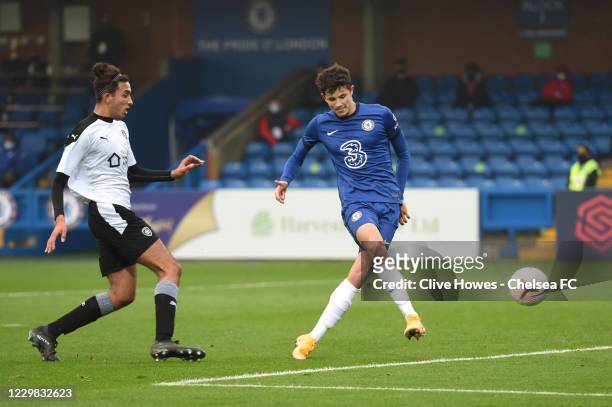 Jude Soonsup-Bell scores his second goal during the Premier League 2 match between West Ham U23 and Man Utd U23 at the Rush Green training ground on...
