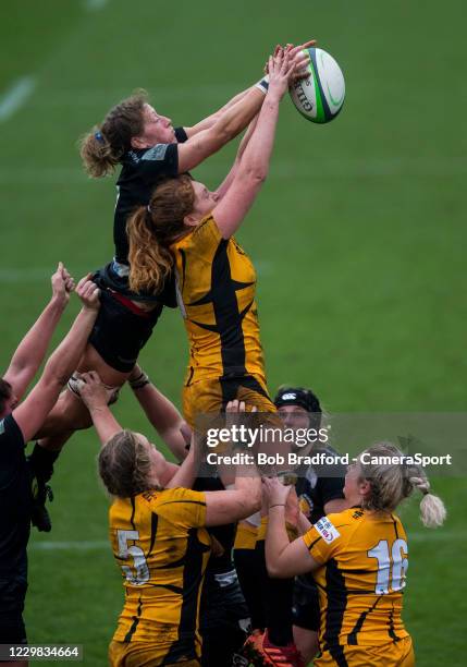 Wasps' Harriet Millar-Mills and Wasps' Claire Molloy compete for a lineout during the Women's Allianz Premier 15s match between Exeter Chiefs Women...