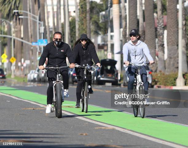 Arnold Schwarzenegger, Patrick Schwarzenegger and Christina Schwarzenegger are seen on November 28, 2020 in Los Angeles, California.