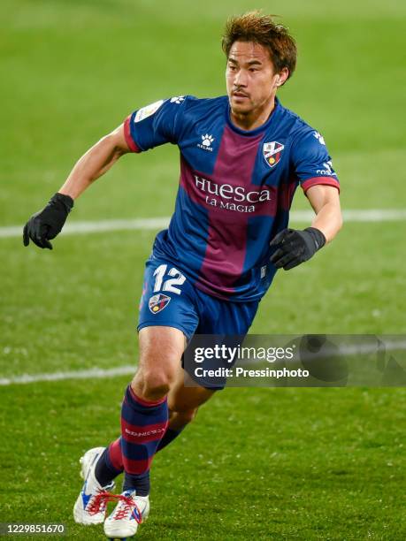 Shinji Okazaki of SD Huesca during the La Liga match between SD Huesca and Sevilla FC played at El Alcoraz Stadium on November 28, 2020 in Huesca,...