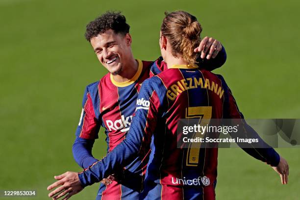 Antoine Griezmann of FC Barcelona celebrates 2-0 with Coutinho of FC Barcelona during the La Liga Santander match between FC Barcelona v Osasuna at...