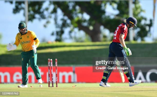 Jos Buttler of England bowled by Tabraiz Shamsi of South Africa during the 2nd KFC T20 International match between South Africa and England at...