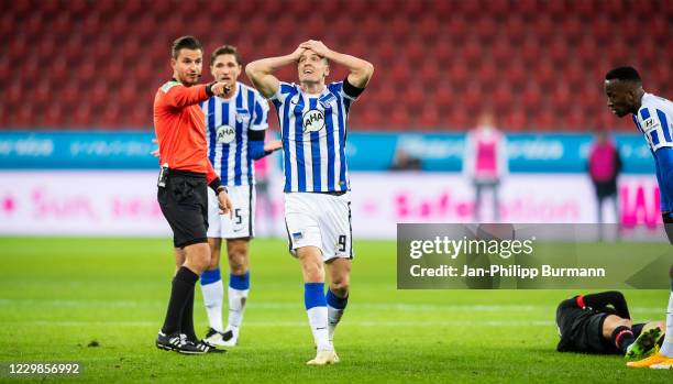 Krzysztof Piatek of Hertha BSC during the Bundesliga match between Bayer04 Leverkusen and Hertha BSC at BayArena on November 29, 2020 in Leverkusen,...