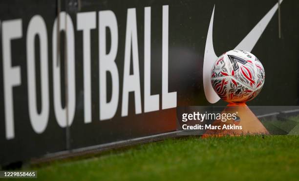 Football palace on a training cone alongside a Nike advertisement during the Emirates FA Cup Second Round match between Barnet FC and Milton Keynes...