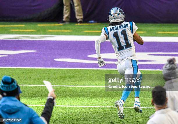 Carolina Panthers Wide Receiver Robby Anderson heads to the end zone after catching a pass from Carolina Panthers Quarterback Teddy Bridgewater for a...
