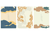 Asian cloud background with Japanese wave pattern vector. Oriental template in vintage style.