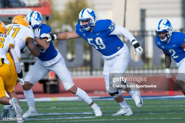 Buffalo Bulls Offensive Lineman Jake Fuzak looks to block during the first half of the College Football game between Kent State Golden Flahers and...