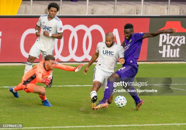 Orlando City forward Daryl Dike nearly scores a goal during the MLS playoff match between Orlando City FC and New England on November 29th 2020, at...