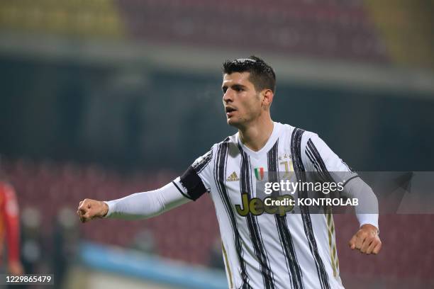 Juventus' Spanish forward Alvaro Morata celebrates after scoring a goal during the Serie A football match Benevento Calcio vs Juventus FC. Benevento...