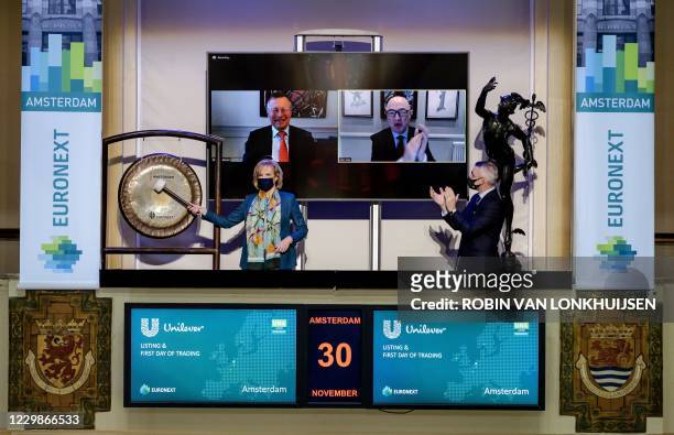 Euronext CEO Simone Huis in 't Veld and boardmember and Head of Listing Rene van Vlerken take part in a virtual gong ceremony of Euronext as...
