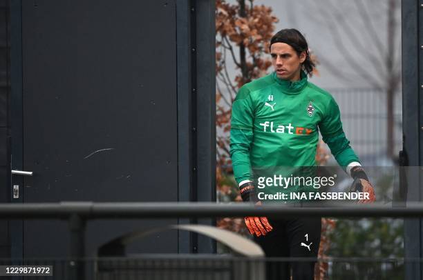 Borussia Moenchengladbach's Swiss goalkeeper Yann Sommer arrives for a training session of Moenchengladbach on the eve of the Champions League...