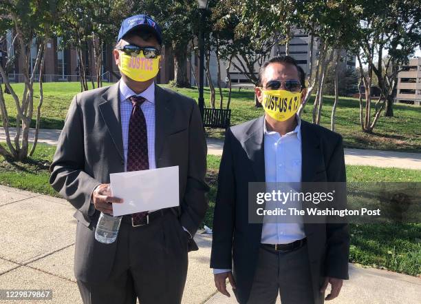 Srinivas Akella and Hemang Nagar outside the Fairfax County Courthouse November 5, 2020 in Fairfax, Virginia. They are neighbors whose children want...