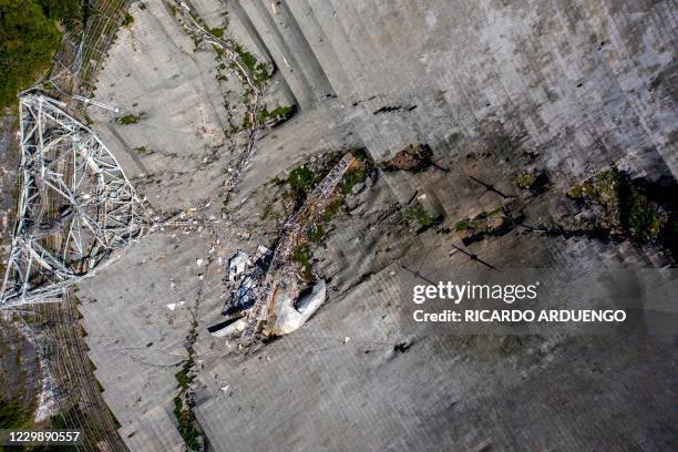 This aerial view shows the damage at the Arecibo Observatory after one of the main cables holding the receiver broke in Arecibo, Puerto Rico, on...