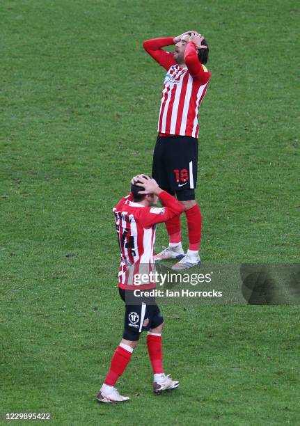 Danny Graham of Sunderland holds his head in hands after hitting the post during the Sky Bet League One match between Sunderland and Burton Albion at...