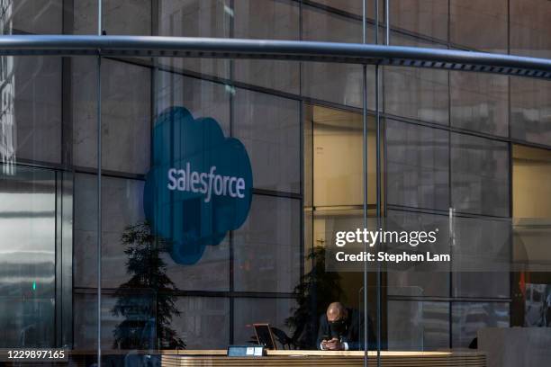 People are seen inside the Salesforce Tower on December 1, 2020 in San Francisco, California. The cloud-based enterprise software company announced...