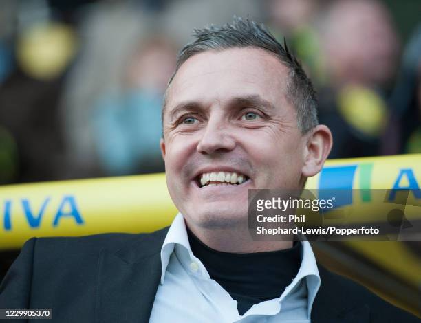 Luton Town manager Paul Buckle smiling before the FA Cup 4th Round tie between Norwich City and Luton Town at Carrow Road on January 26, 2013 in...