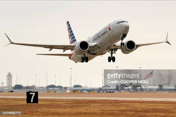 An American Airlines Boeing 737 MAX airplane takes off on a test flight from Dallas-Fort Worth International Airport in Dallas, Texas, on December 2,...