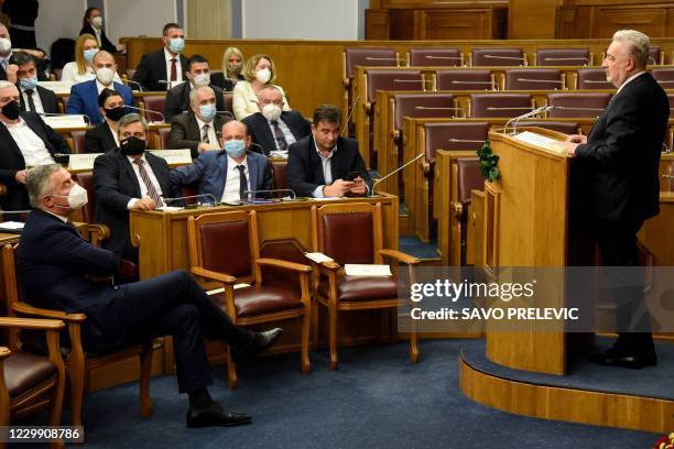 Montenegro Prime Minister designate Zdravko Krivokapic addresses at the Montenegrin Parliament as President Milo Djukanovic attends in Podgorica on...