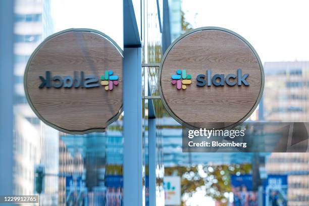 Signage for Slack Technologies Inc. At the company's headquarters in San Francisco, California, U.S., on Wednesday, Dec. 2, 2020. Salesforce.com Inc....