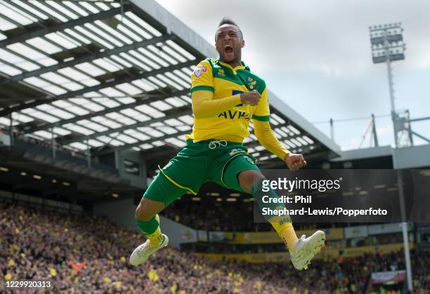 Nathan Redmond of Norwich City celebrates after scoring during the Sky Bet Championship Play-Off Semi Final Second Leg between Norwich City and...