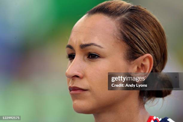 Jessica Ennis of Great Britain looks on as she prepares to compete in the long jump in the women's heptathlon during day four of the 13th IAAF World...