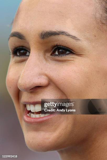 Jessica Ennis of Great Britain smiles during the long jump in the women's heptathlon during day four of the 13th IAAF World Athletics Championships...