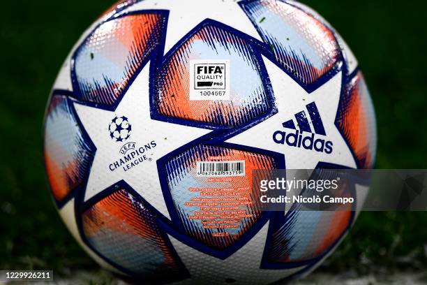 An Adidas 'Finale' Champions League official match ball is seen prior to the UEFA Champions League Group G football match between Juventus FC and FC...